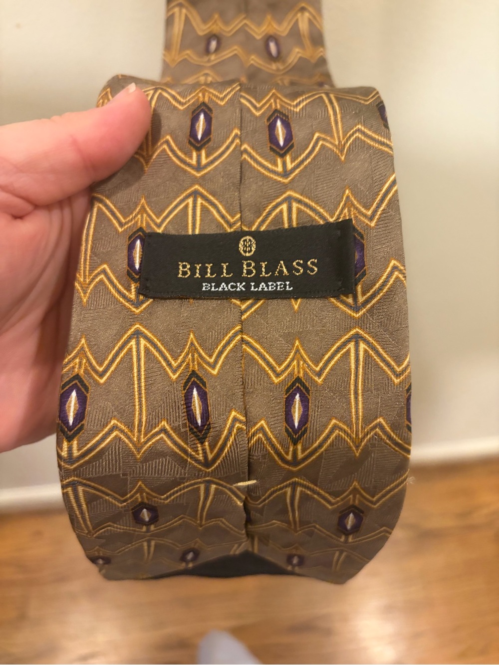 Bill Blass Brown Silk Tie with Gold and Purple Motif